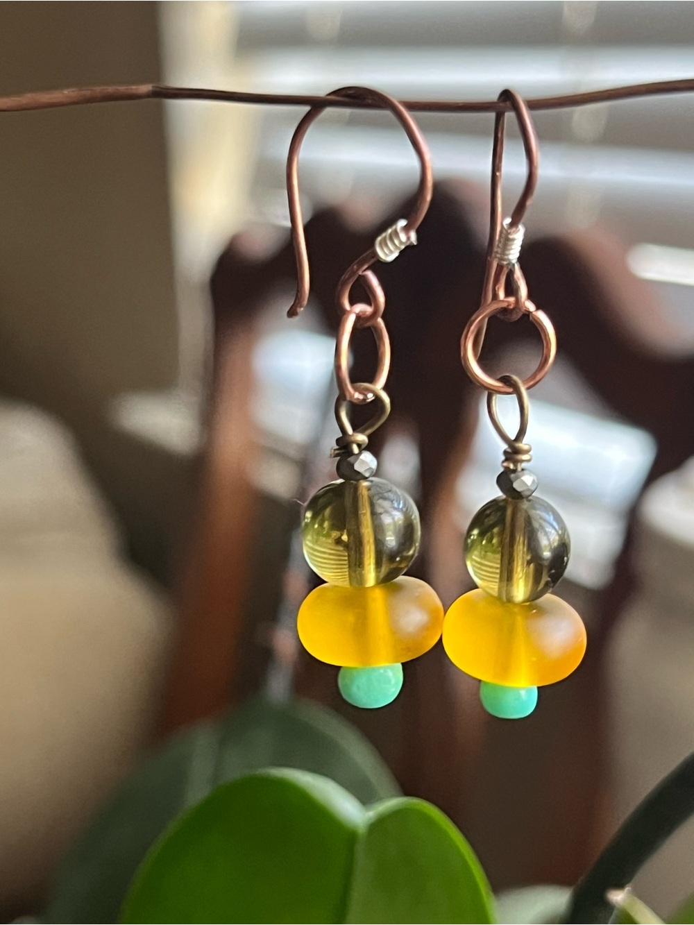 Handcrafted Yellow and Green Glass Bead Drop Earrings